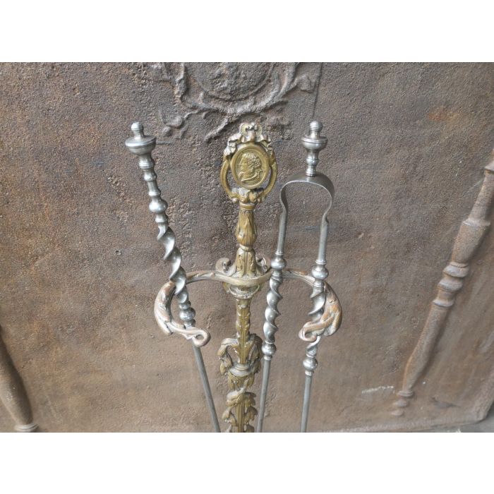 Antikes Französisches Kaminbesteck aus Schmiedeeisen, Messing 
