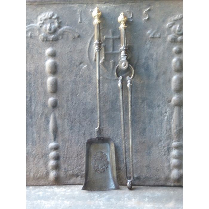 Großes Antikes Englisches Kaminbesteck aus Polierte Stahl, Poliertes Messing 